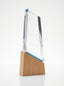 Trophée de bureau éco-prestige de face, montrant la clarté du verre et la base asymétrique en bois naturel.