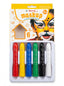 Boîte de crayons cire 6 couleurs ouverte sur un bureau, fournitures scolaires essentielles.