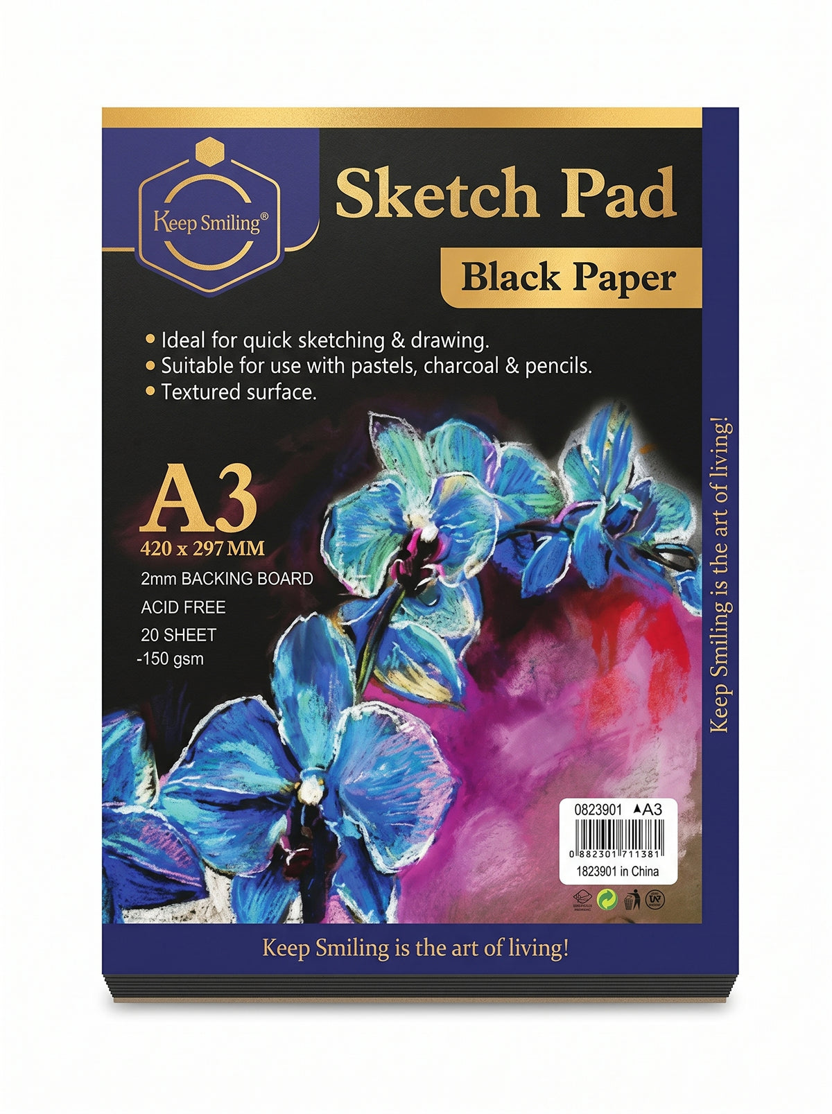 Sketch pad papier noir A3 Keep Smiling 150g - 20 feuilles