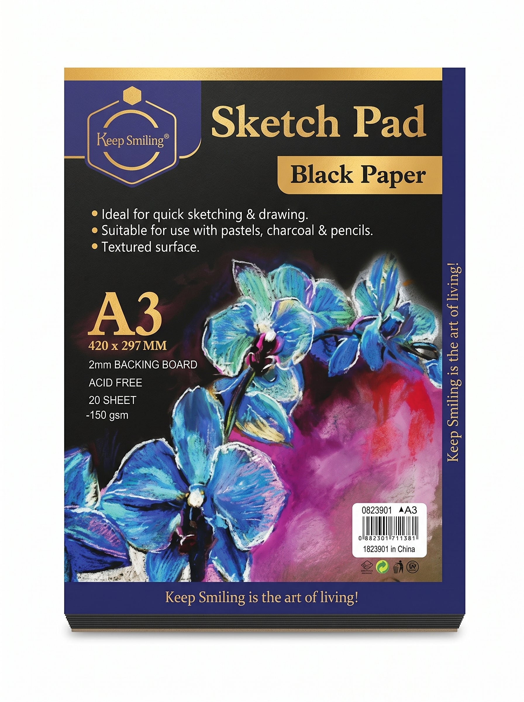 Sketch pad papier noir A3 Keep Smiling 150g - 20 feuilles