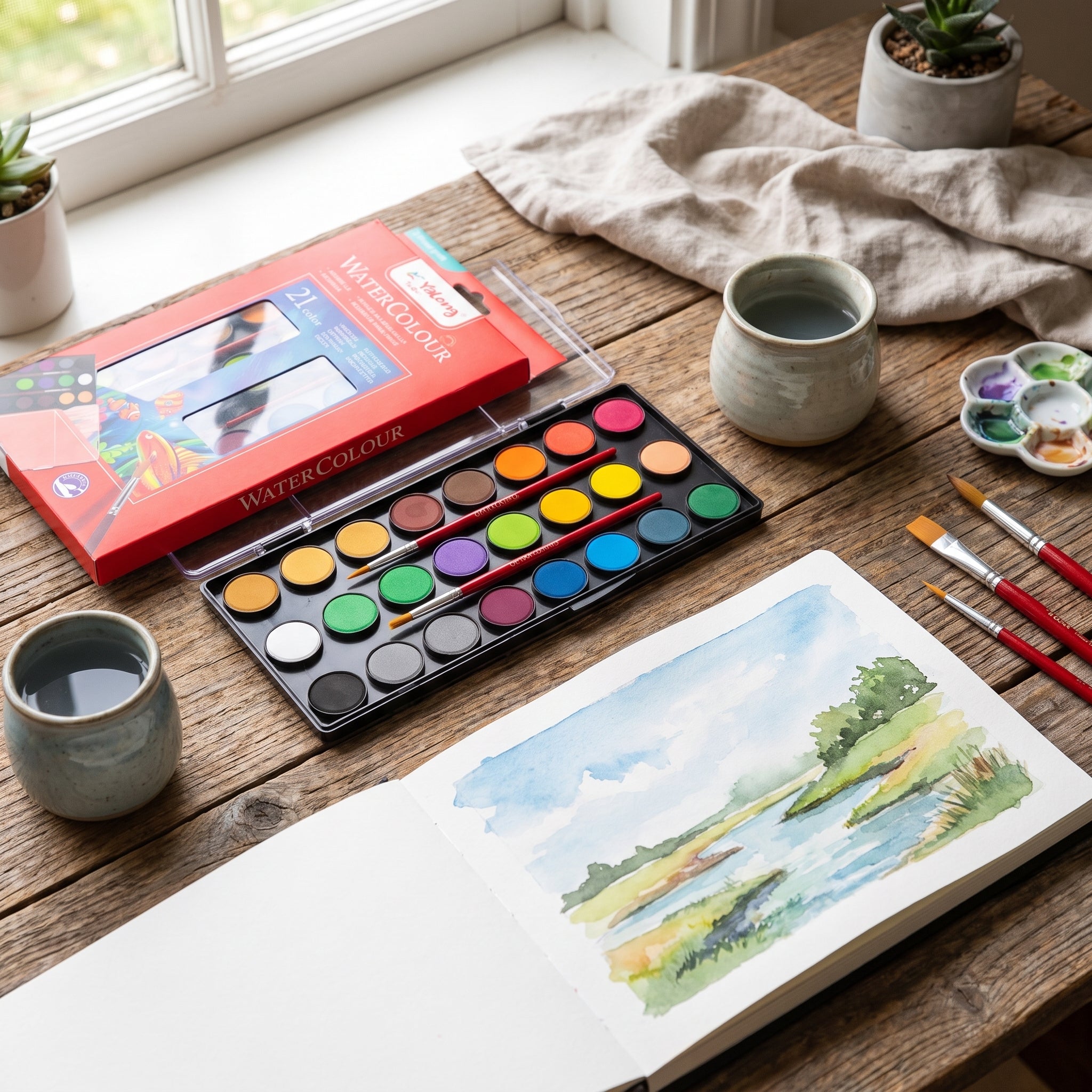 Peinture aquarelle 21 couleurs Yalong + 2 pinceaux inclus Image secondaire du produit