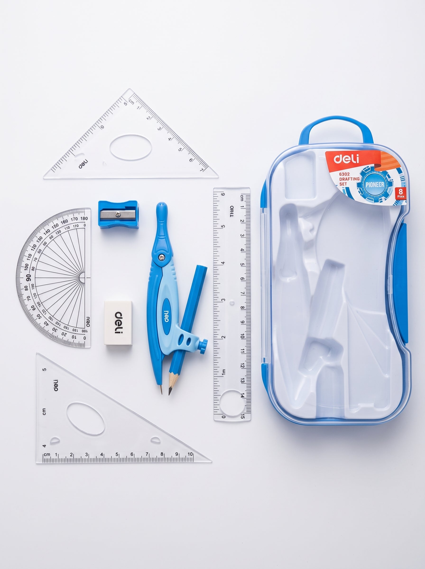 Boîte géométrie Deli 8 pièces Bleu Image principale du produit