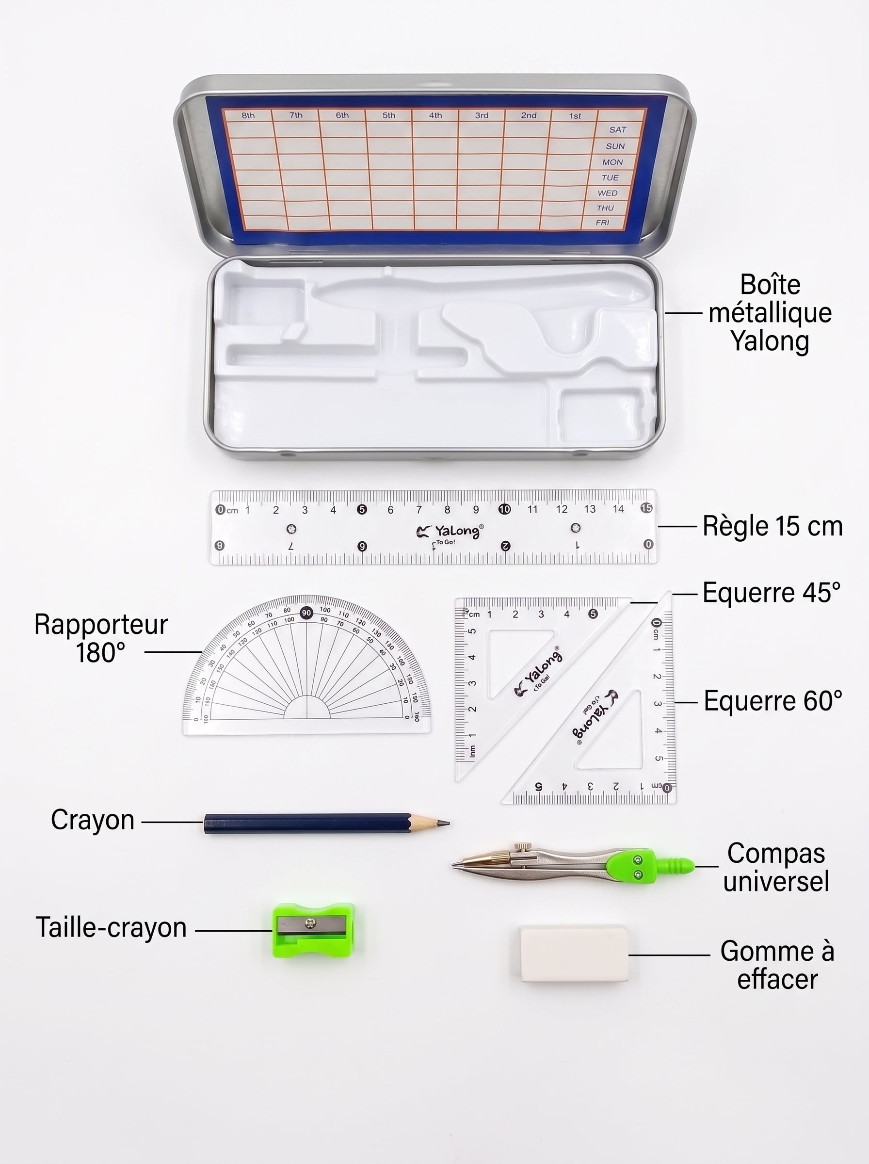 Kit de géométrie 8 pièces avec Pochette "To Go"