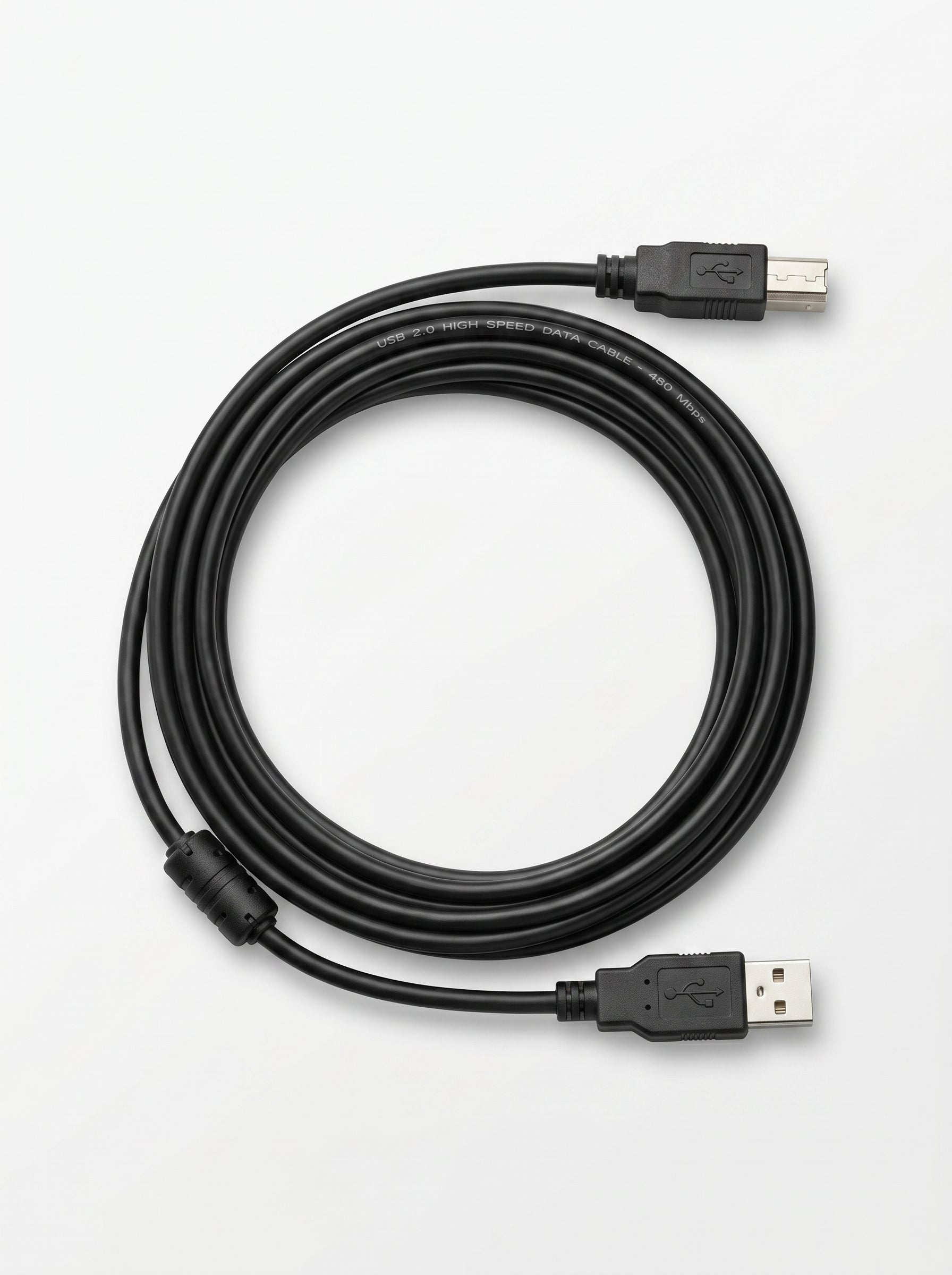 Câble imprimante USB 3m de couleur noire reliant un ordinateur de bureau à une imprimante.