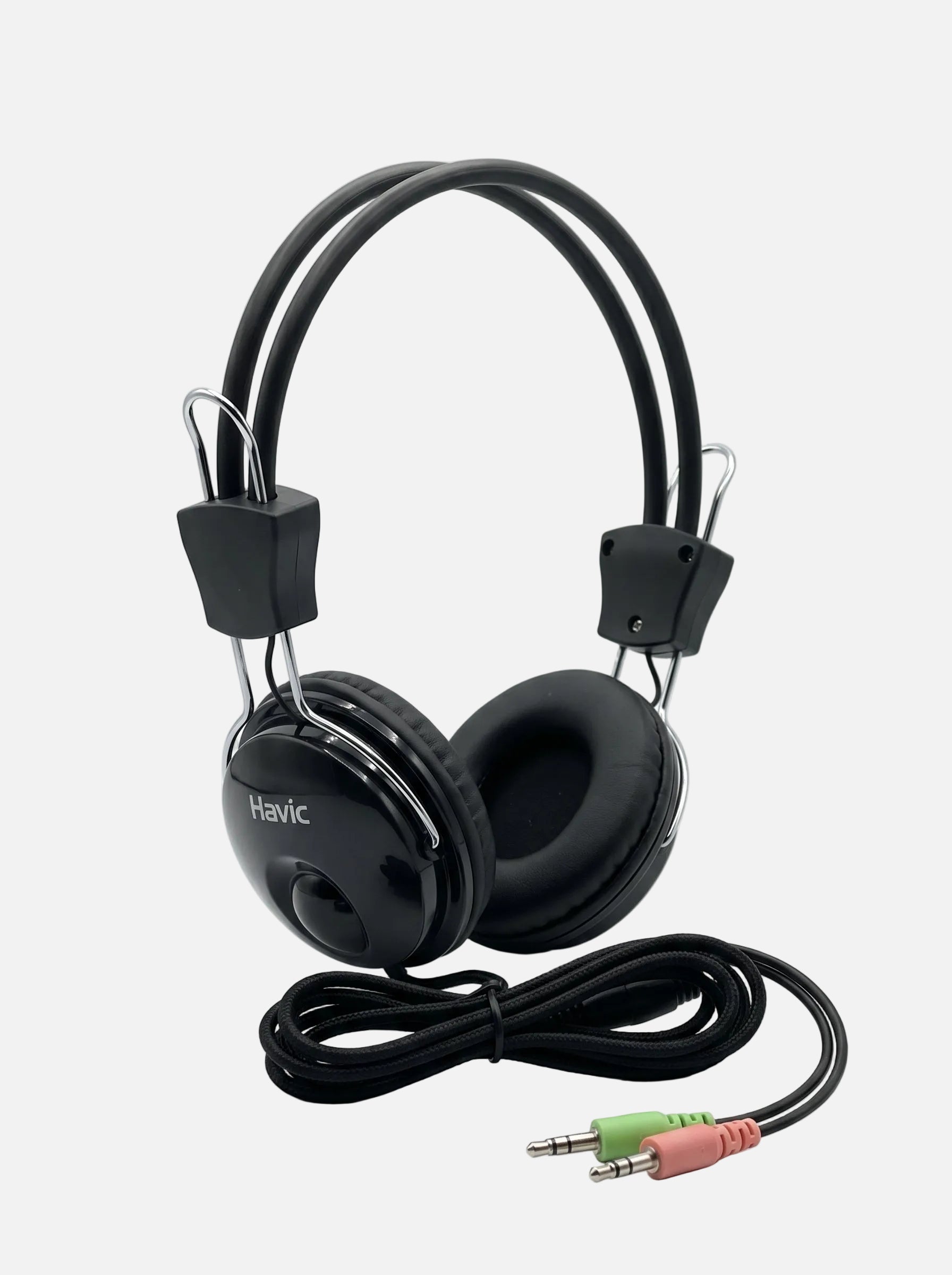 Casque stéréo Havit noir avec câble tressé et double prise jack pour PC.