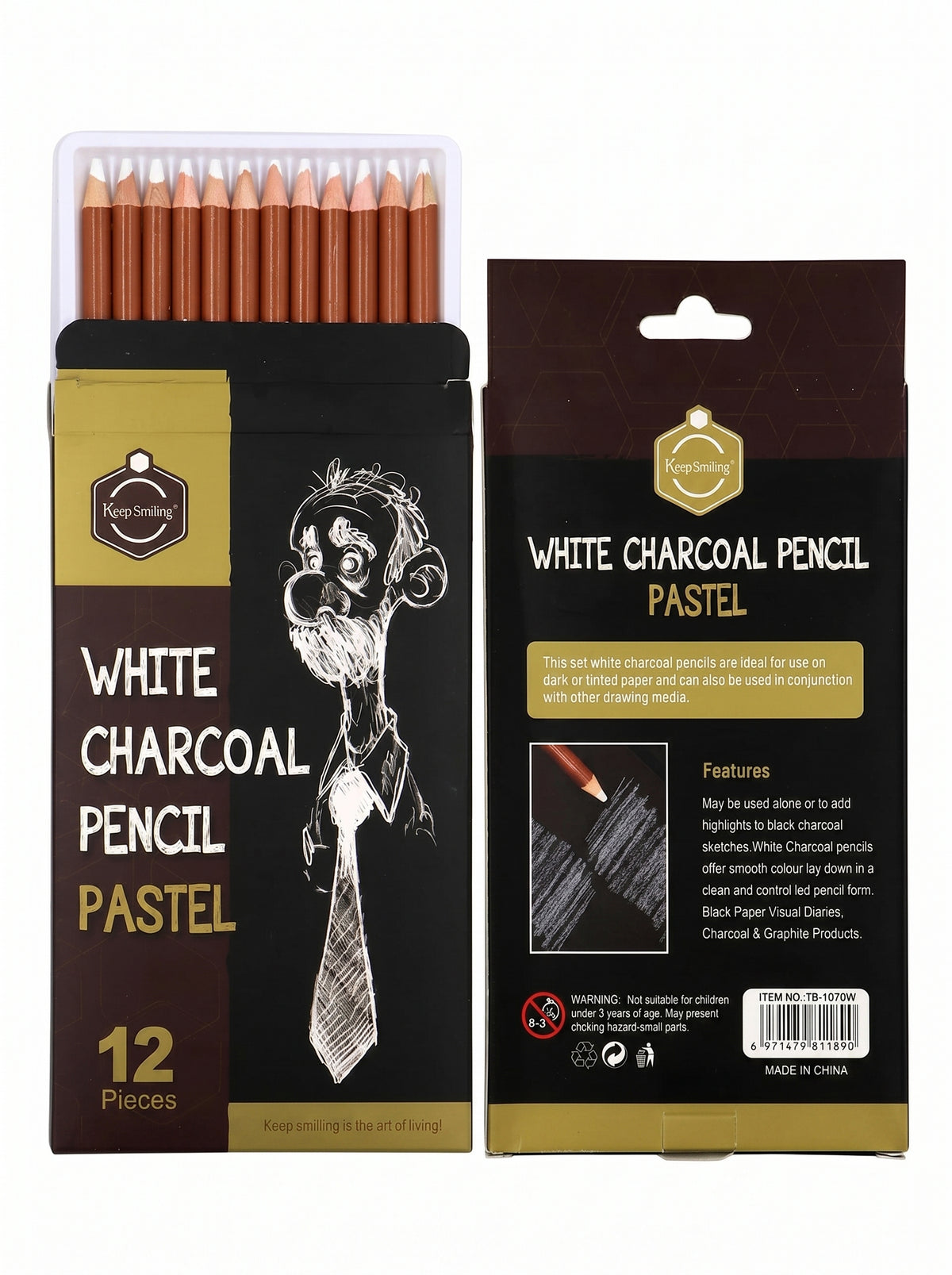 Crayons pastel charbon blanc Keep Smiling 12 pièces - Dessin professionnel