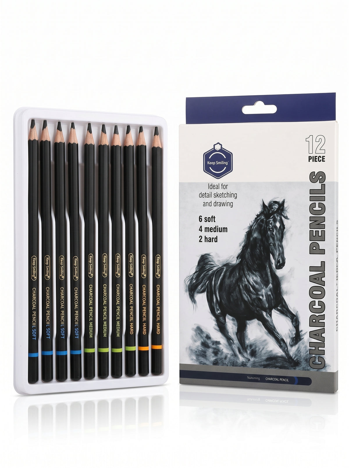 Set de 12 Crayons Fusain Professionnels – Assortiment Soft, Medium, Hard (Réf. TB-10)