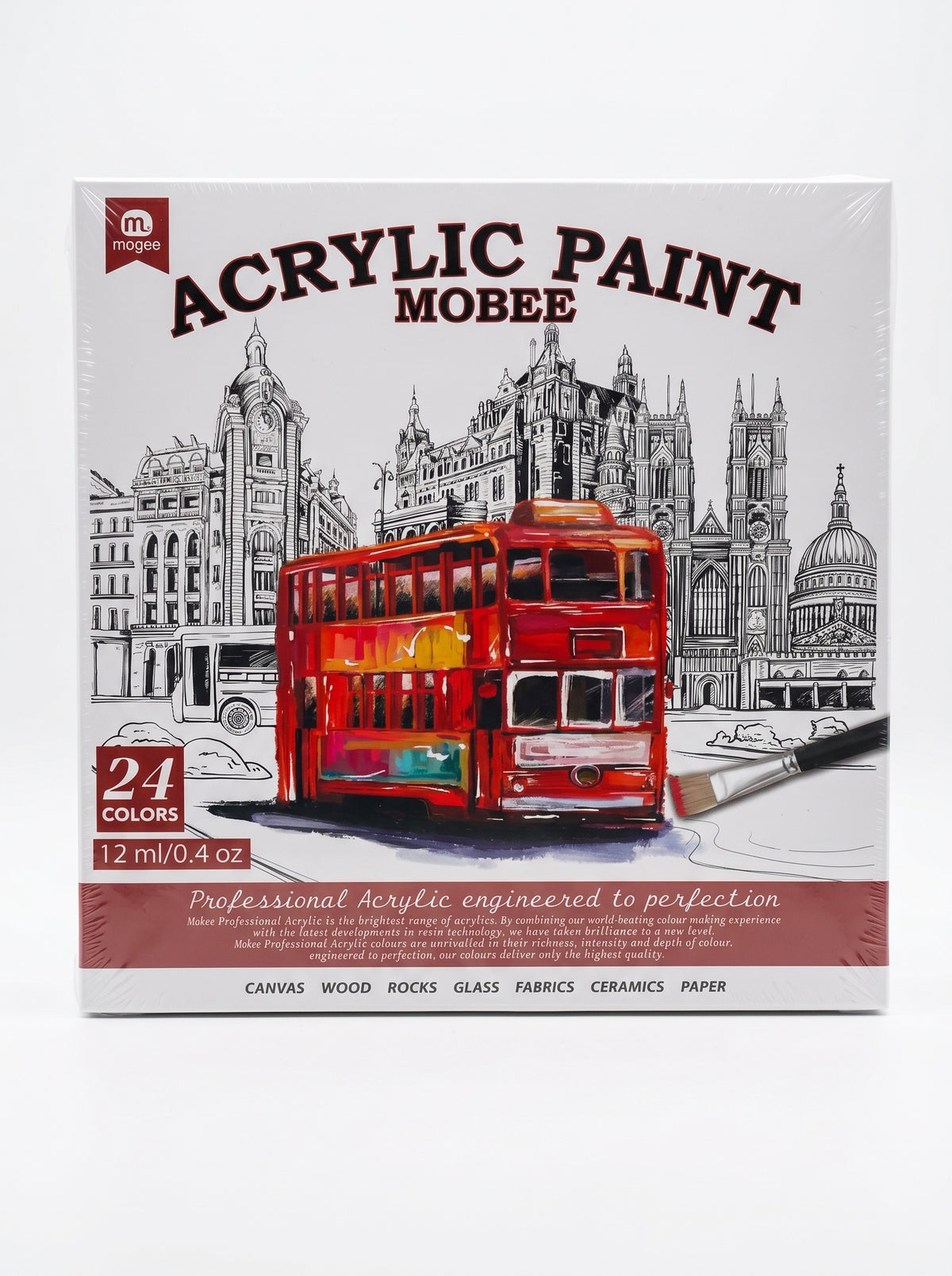 Coffret de peinture acrylique Mobee contenant une gouache 24 couleurs sur un bureau de travail.
