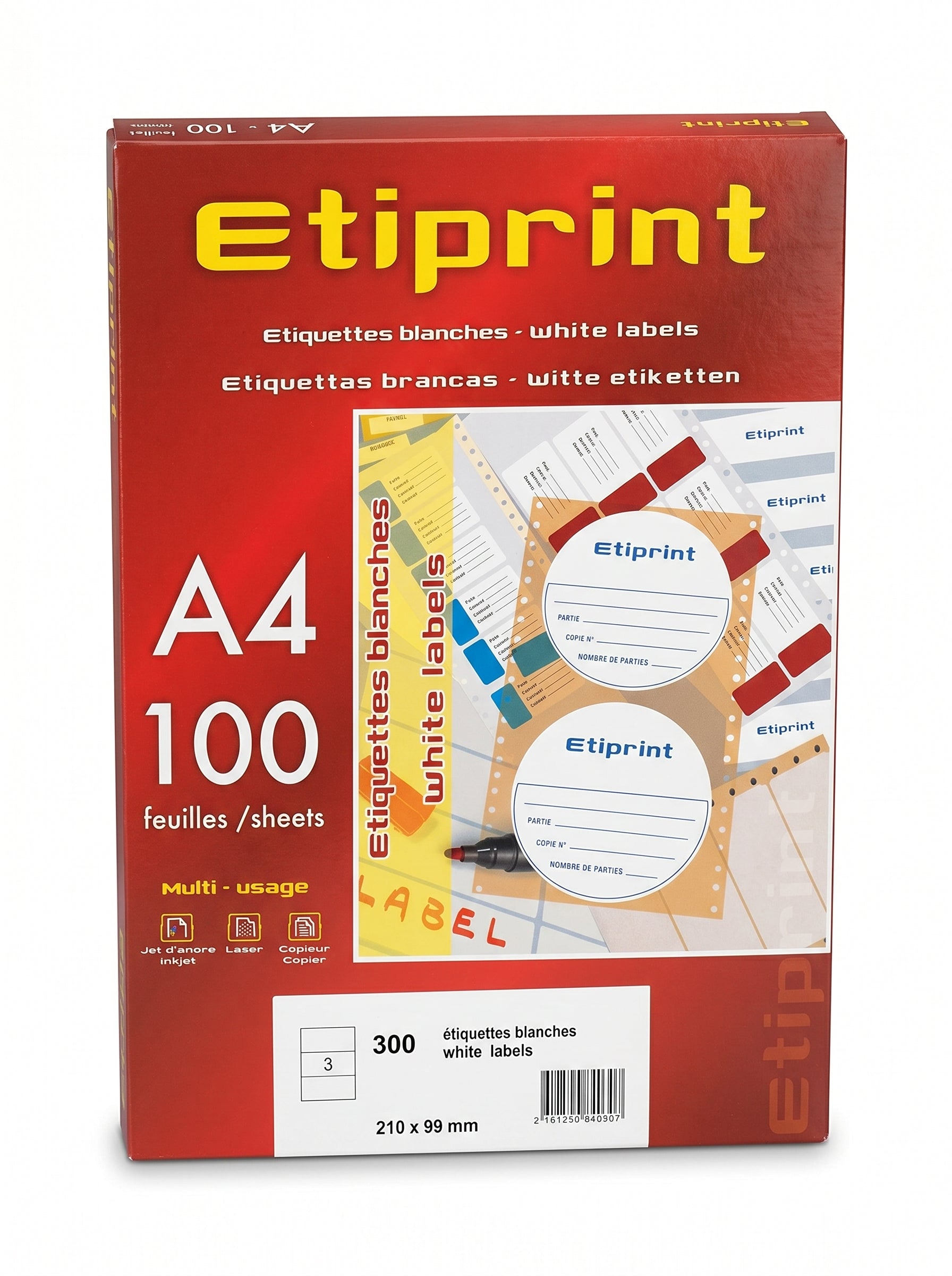 Lot etiquete adhèsive blanches A4 /100sheets 210*37mm - etiprint Multi-usage Image principale du produit