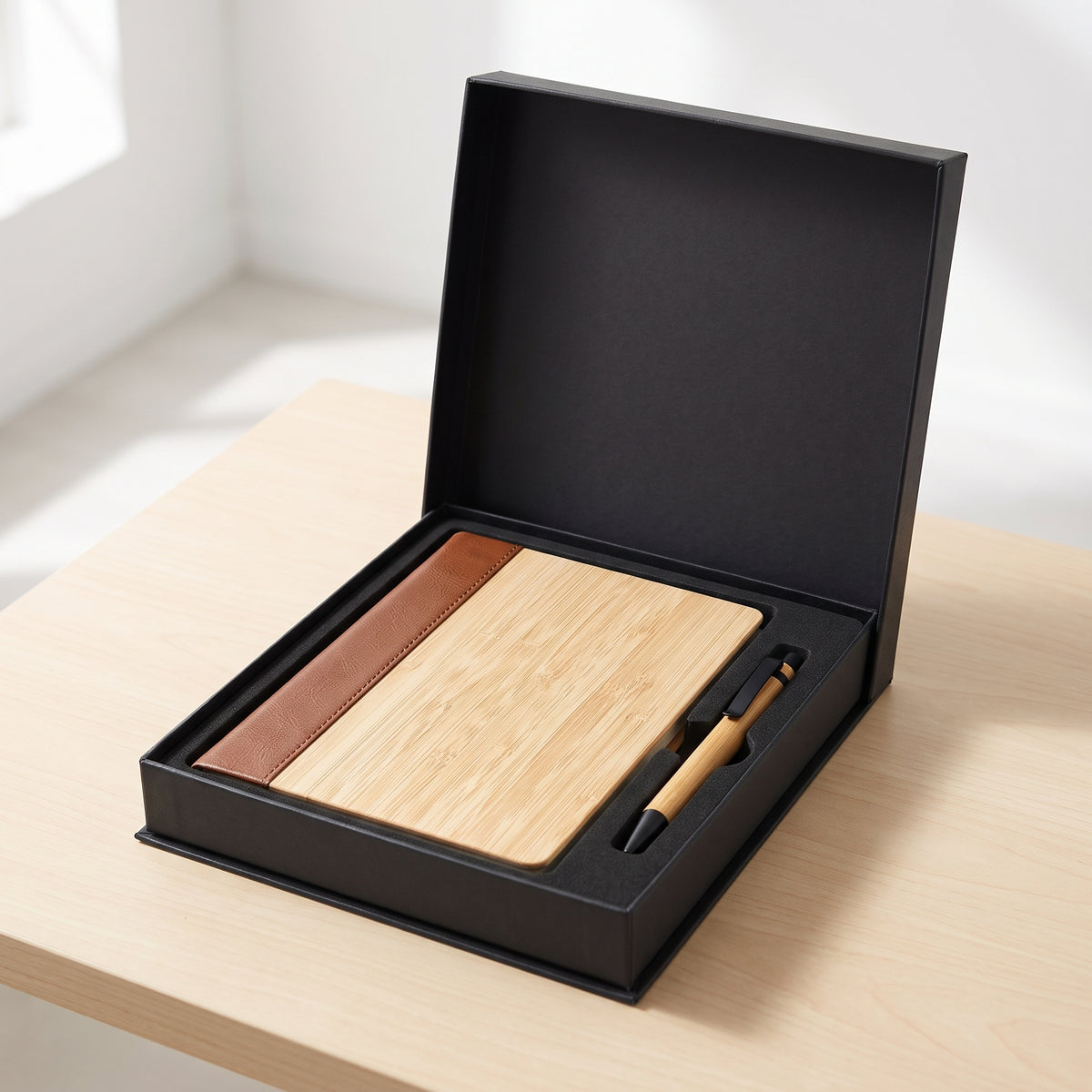 Coffret Cadeau Écologique Carnet A5 Bambou & Cuir avec Stylo Assorti