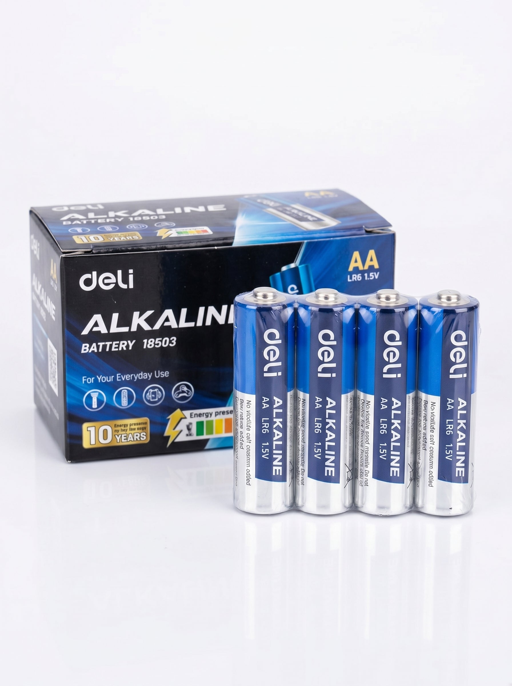 Pack de 4 piles alcalines Deli AA LR6 1.5V, solution d'énergie fiable. Image principale du produit