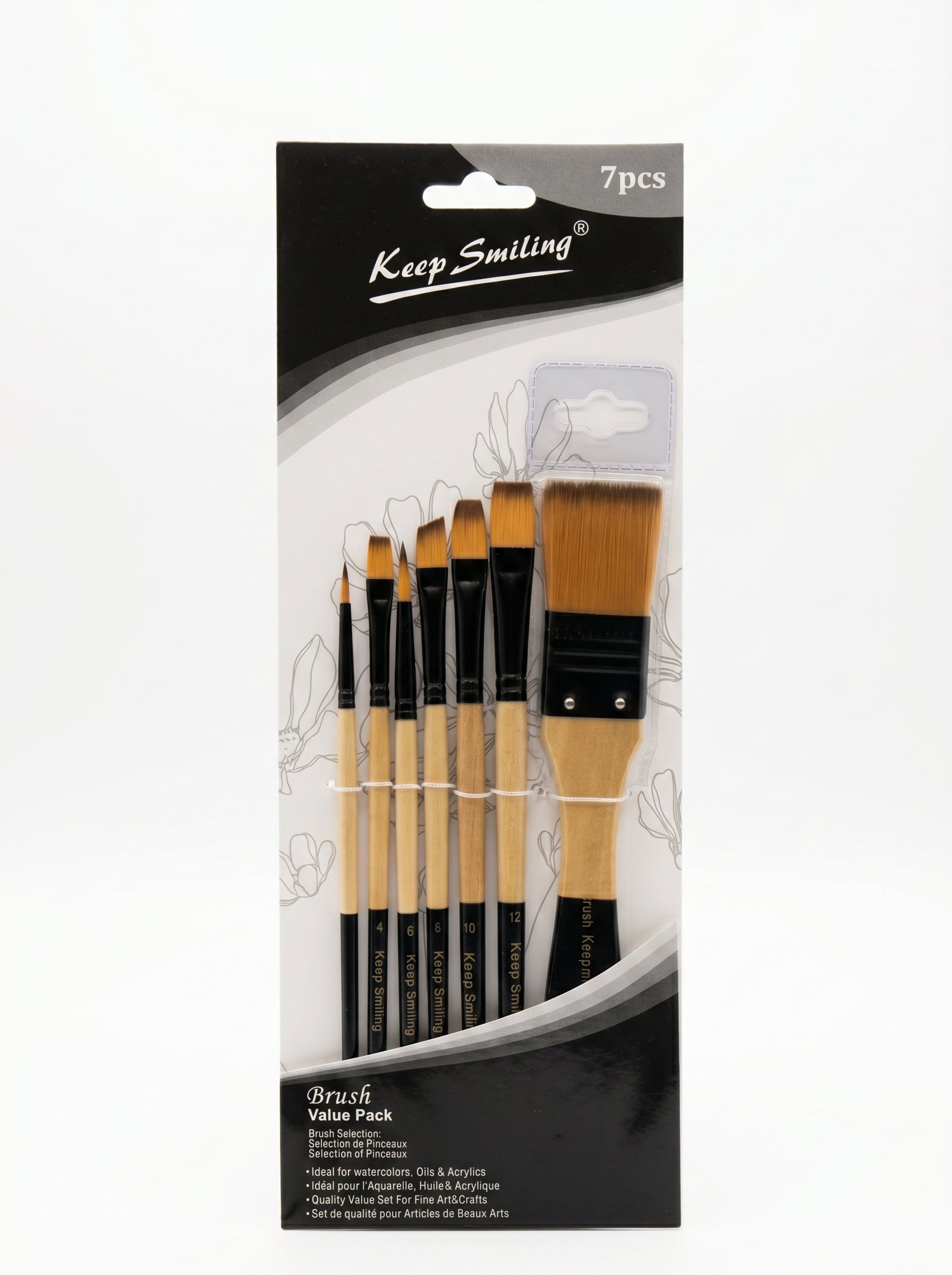 Set de 7 pinceaux Keep Smiling – Pinceaux plats et ronds pour artistes