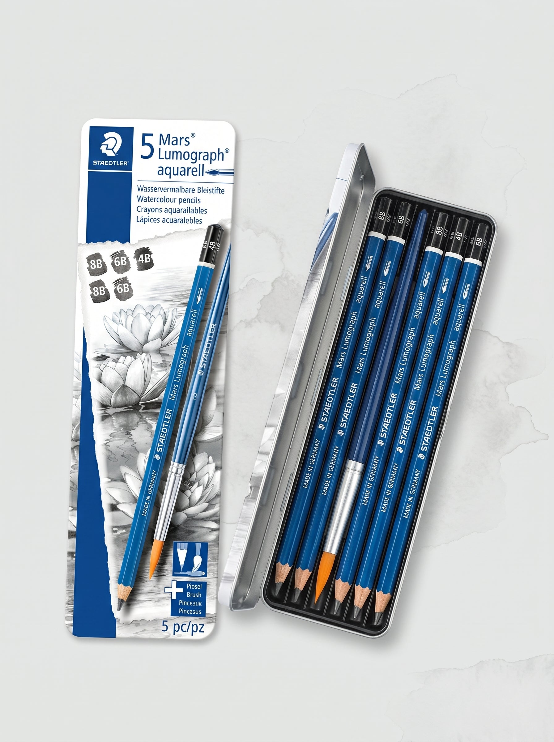 Crayons Graphite Aquarelle 5 pcs | Kit Complet avec Pinceau Inclus