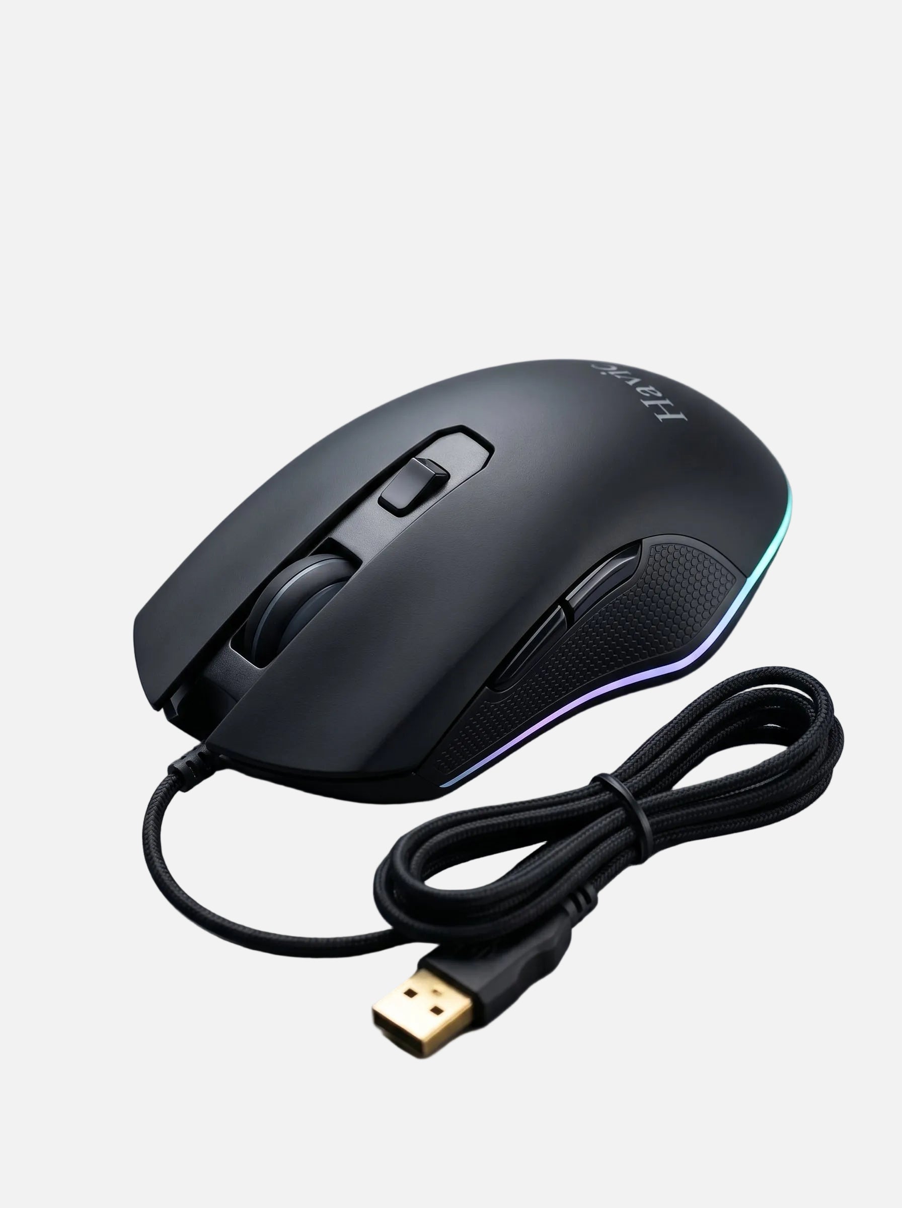 Souris gaming filaire Havit noire avec éclairage RGB, vue latérale.