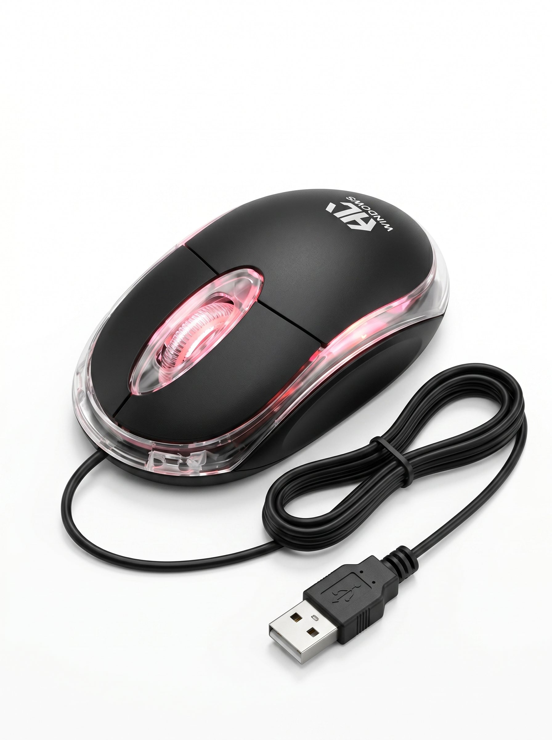 Souris optique filaire HL-Land noire branchée en USB sur un ordinateur de bureau