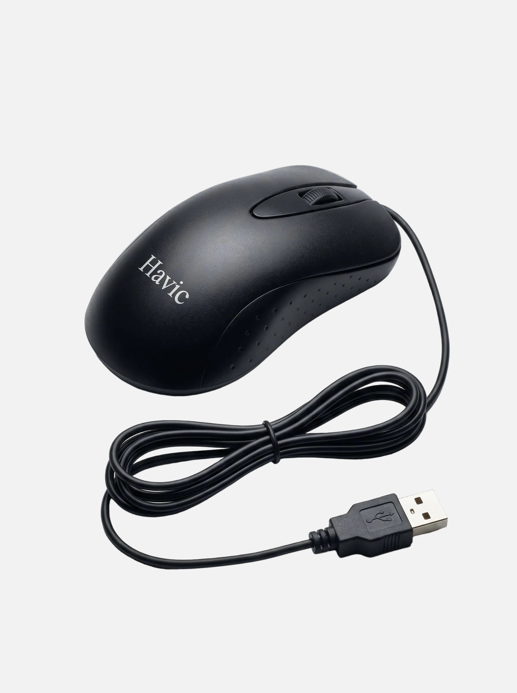 Souris optique filaire Havic CP87 noire branchée en USB à un ordinateur portable.