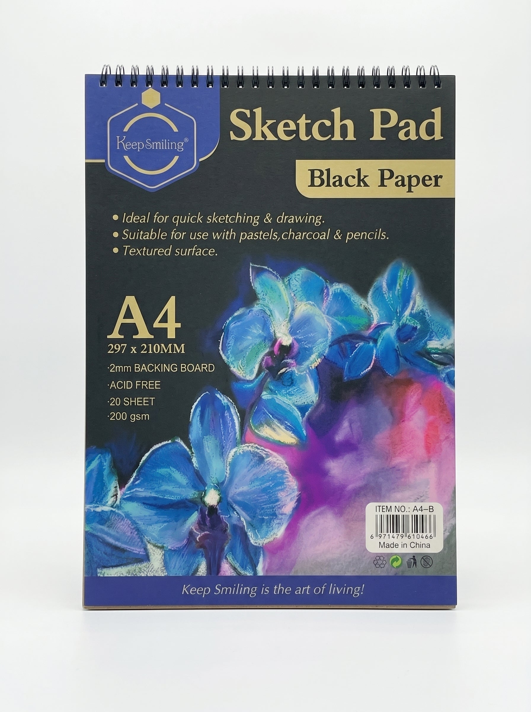 Bloc dessin papier noir A4 Keep Smiling 200g - 20 Feuilles à Spirale