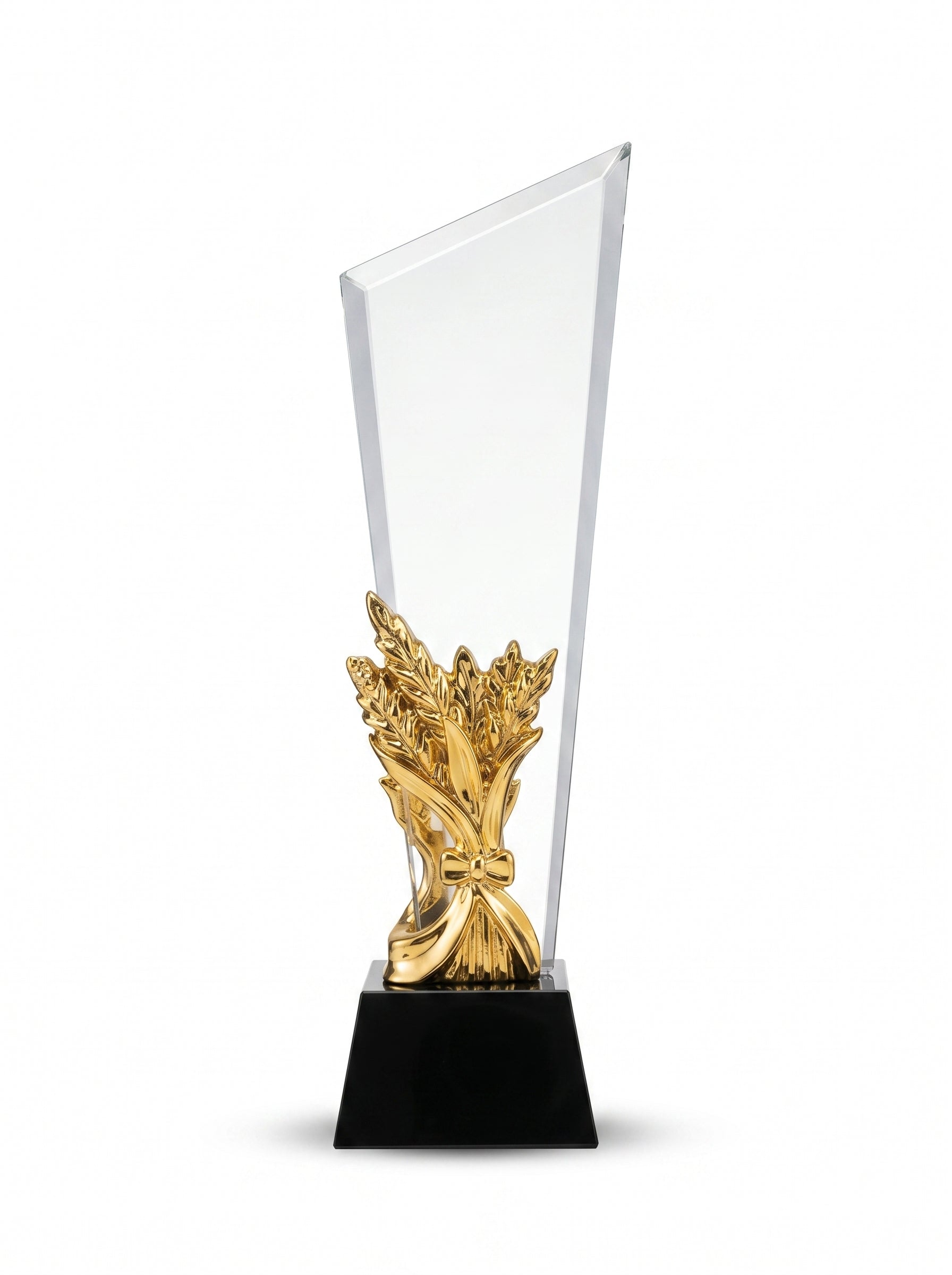 Trophée d'entreprise en verre personnalisé avec épis dorés sur un socle noir, idéal pour une récompense collaborateur.