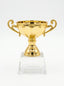 Trophée de bureau en verre avec coupe dorée éclatante sur socle en cristal pur, parfait comme récompense entreprise cristal.