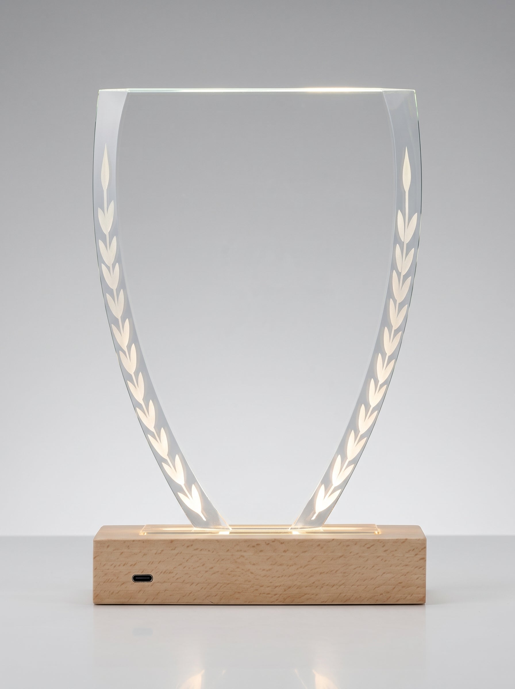 Trophée en verre lumineux en forme de bouclier avec lauriers sur un socle en bois naturel, idéal pour le bureau.