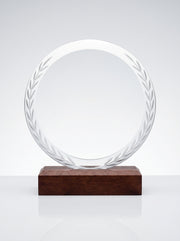 Trophy Verre et Bois pour Bureau avec Boite - Design Rond & Couronne de Laurier