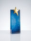 Trophée en verre bleu avec étoile dorée en relief, idéal pour une récompense cristal.