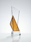 Trophée verre avec boîte et étoile bleue pour récompense entreprise gravée.