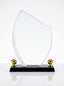 Trophée en verre personnalisable en forme de bouclier avec gravure de lauriers et socle noir.