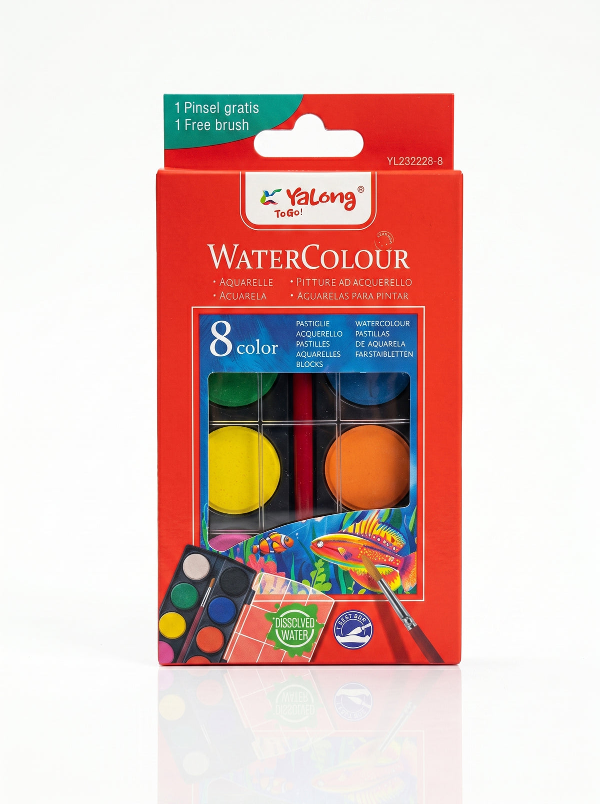 Peinture aquarelle 8 couleurs Yalong + 1 pinceau inclus