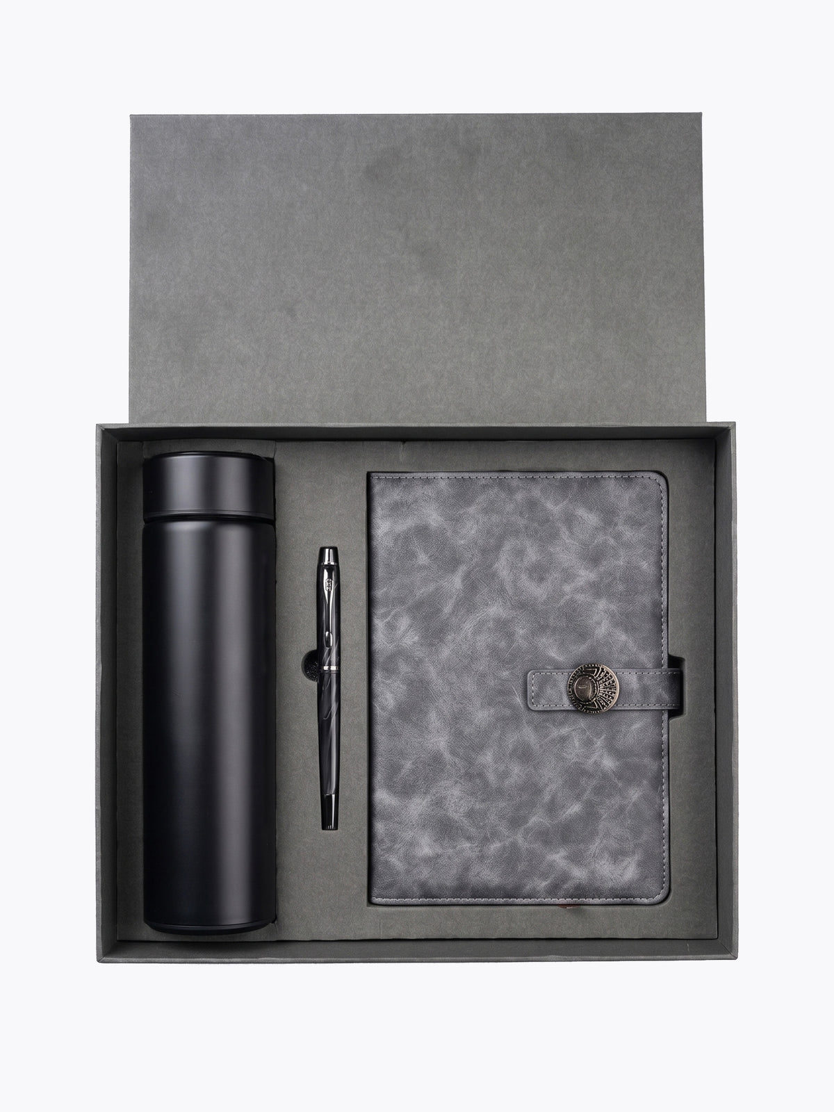 Coffret Notebook A5 Gris, Stylo & Bouteille Isotherme