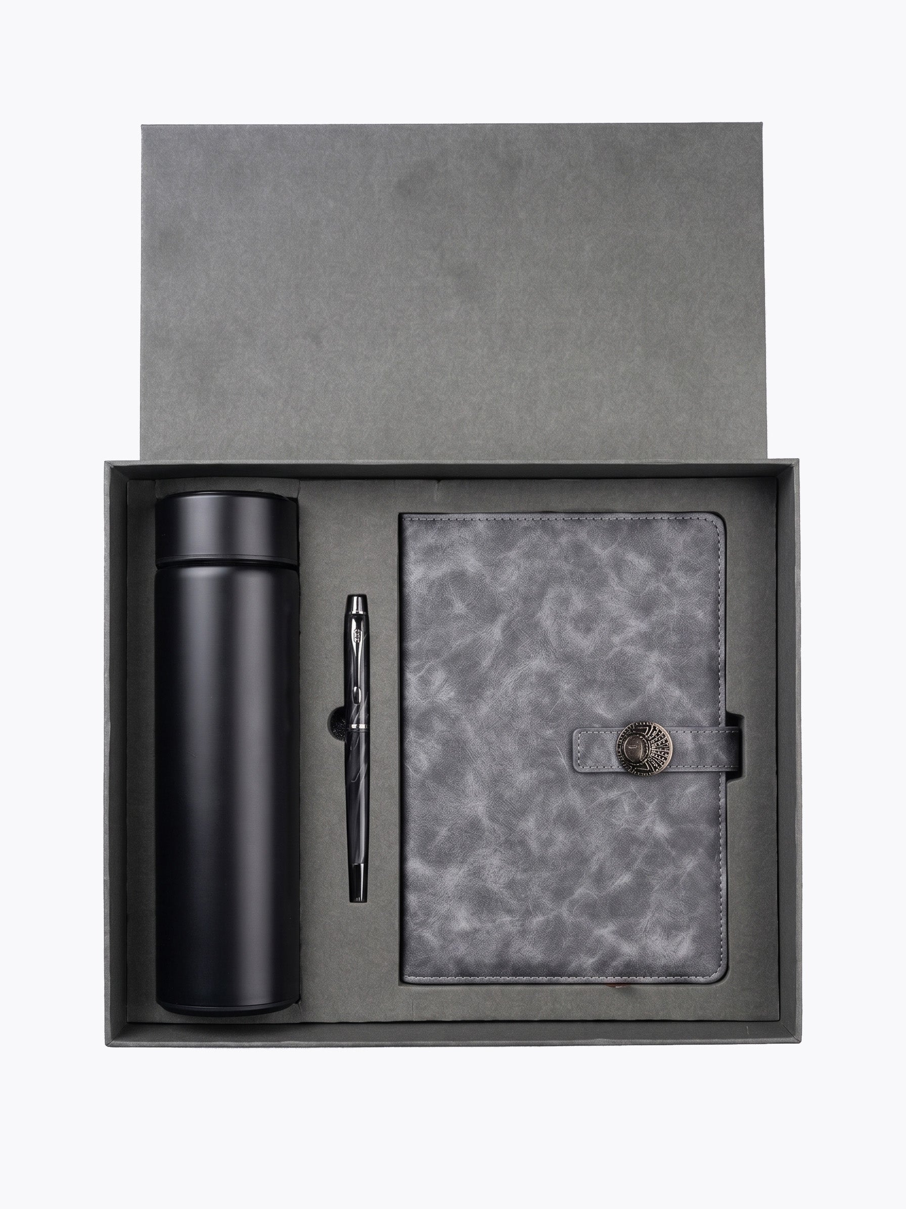Coffret Notebook A5 Gris, Stylo & Bouteille Isotherme