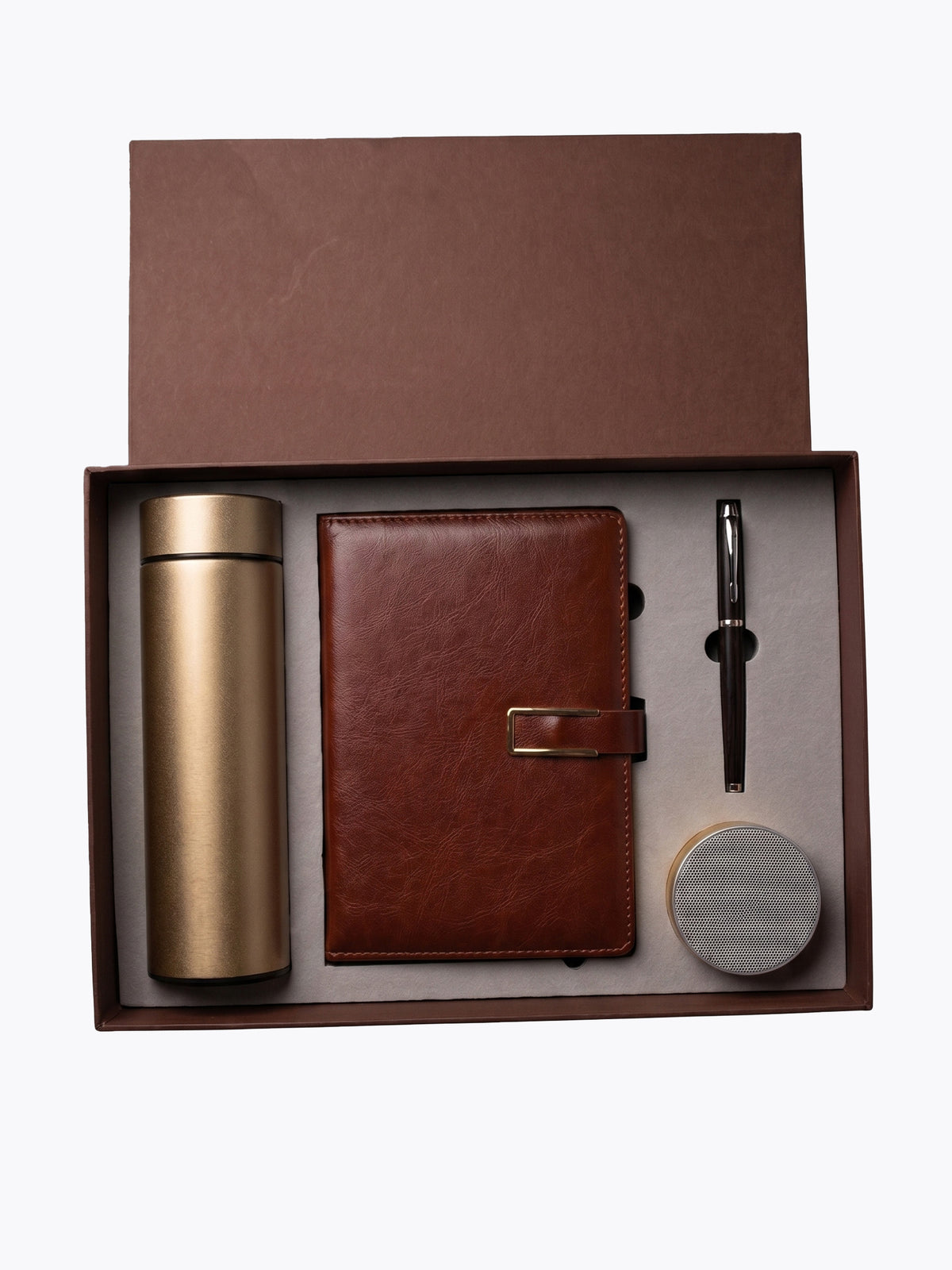 Coffret Notebook A5 Cuir Marron, Stylo, Bouteille isotherme & Speaker