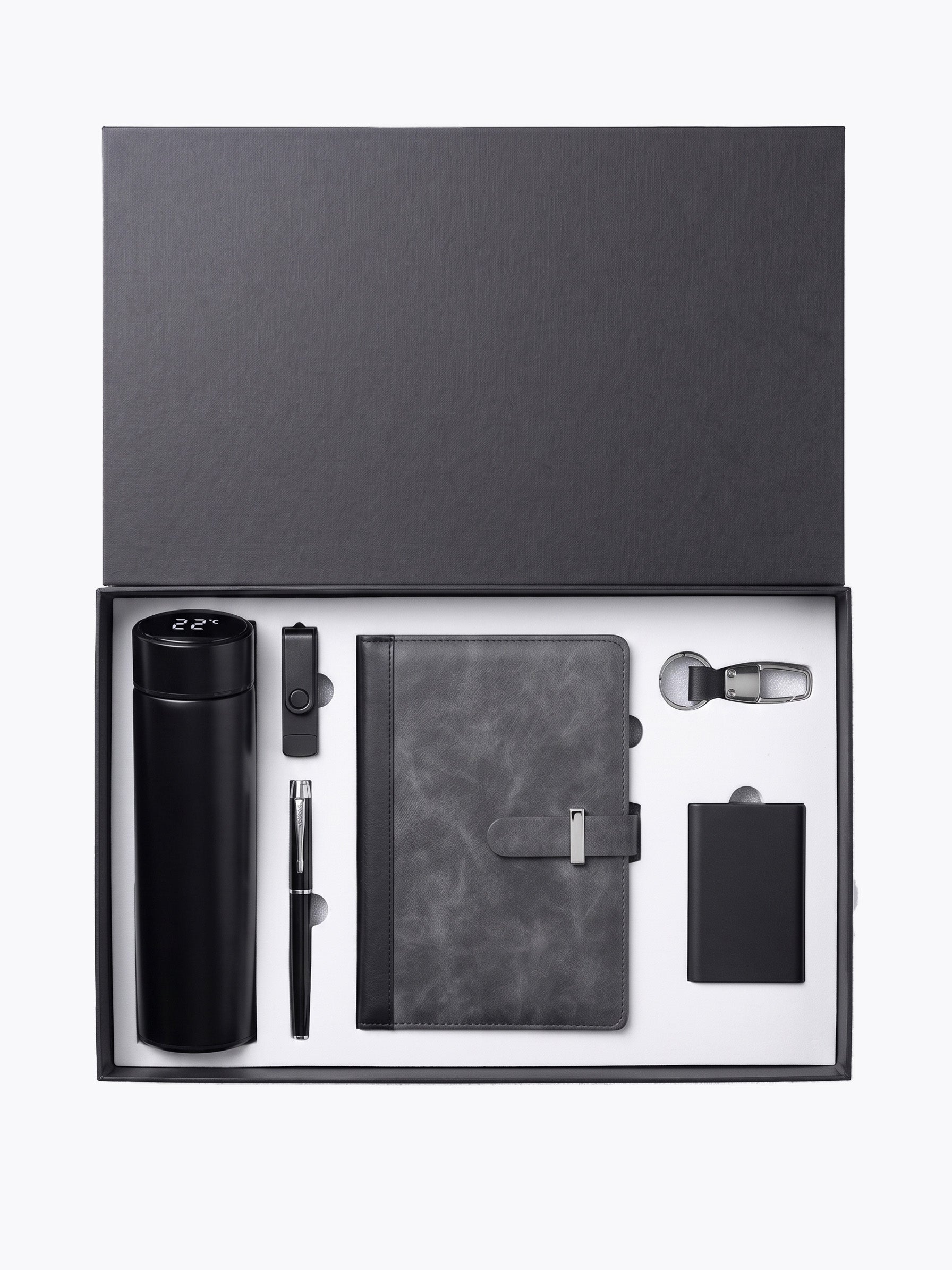 Coffret Notebook A5 , Stylo, bouteille isotherme, Clé USB & Porte-Clé