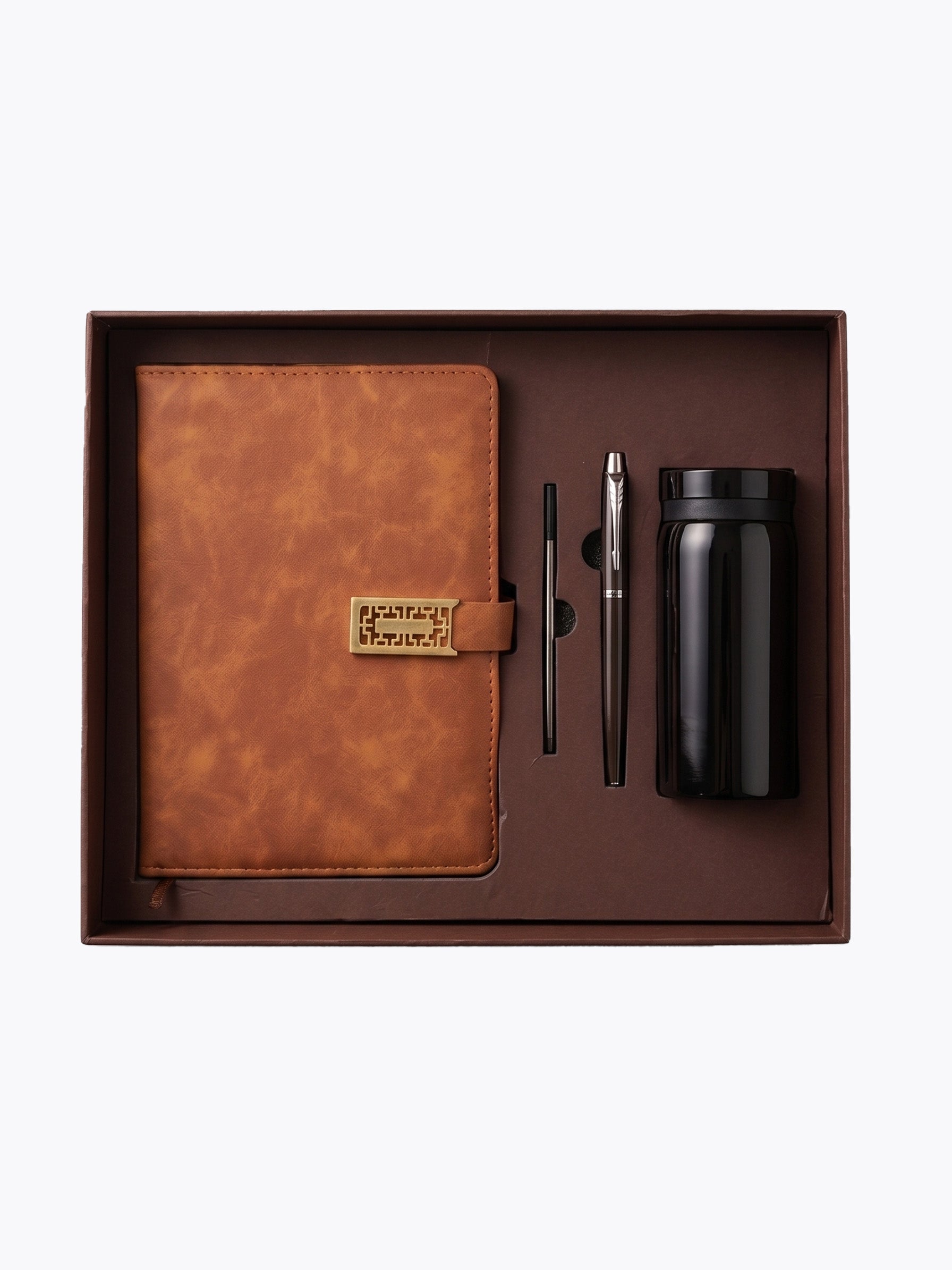 Coffret Notebook A5 Cuir Marron, Stylo & Bouteille