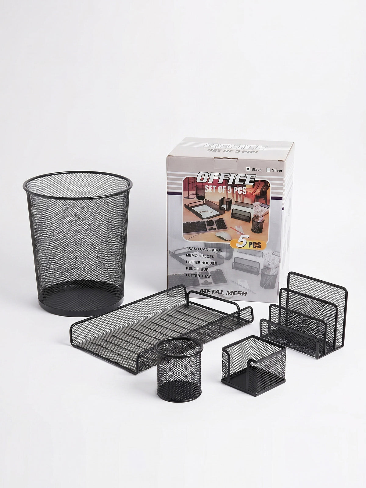 Ensemble d'Accessoires de Bureau en Métal (5 pcs) – Rangement Professionnel Robuste