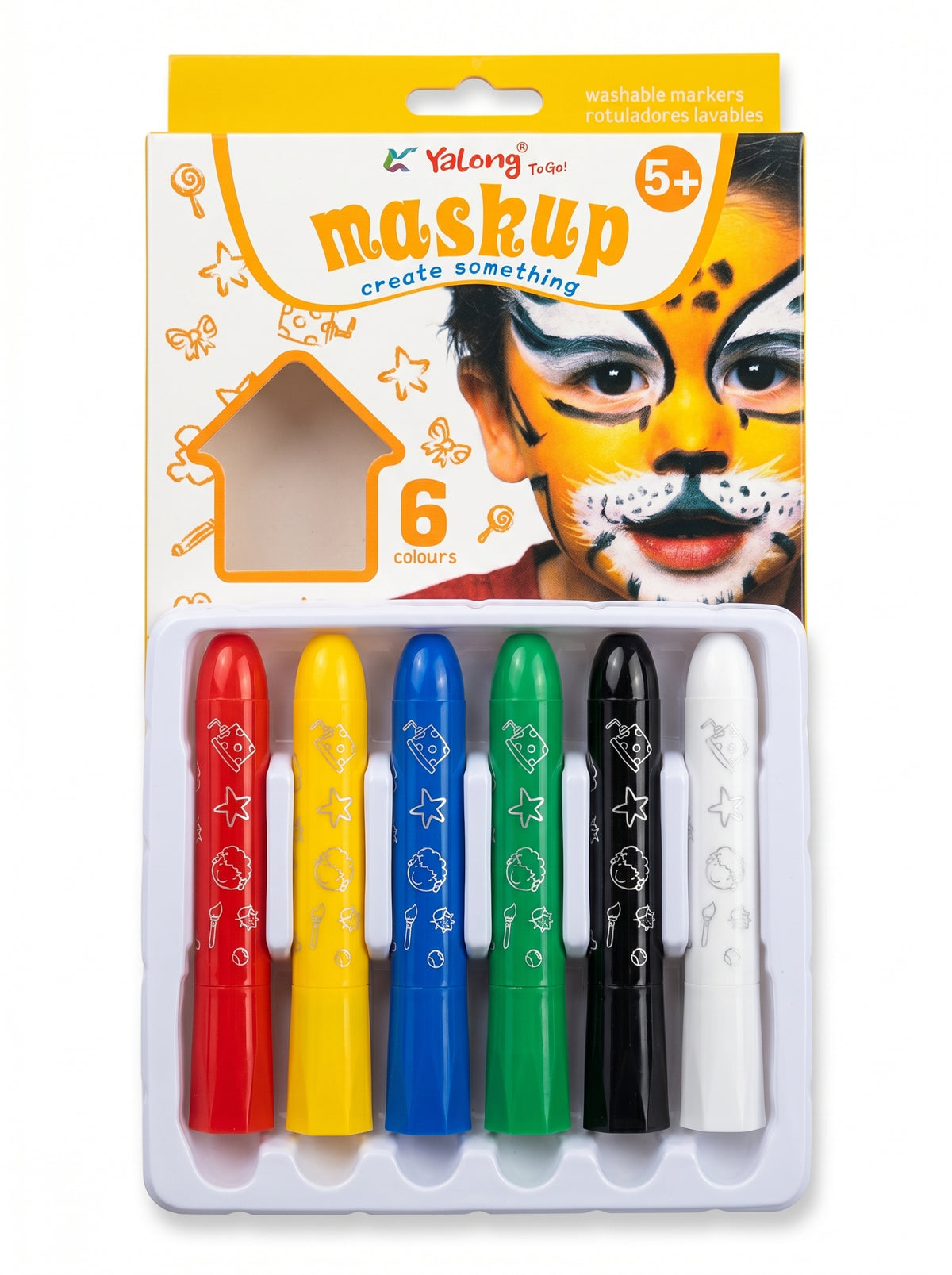 Boîte de crayons cire 6 couleurs ouverte sur un bureau, fournitures scolaires essentielles.