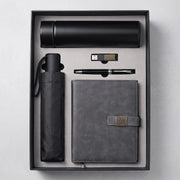 Coffret d'Affaires VIP 5-en-1 Personnalisé : Carnet Cuir, Bouteille Isotherme, USB, Parapluie & Stylo Métal