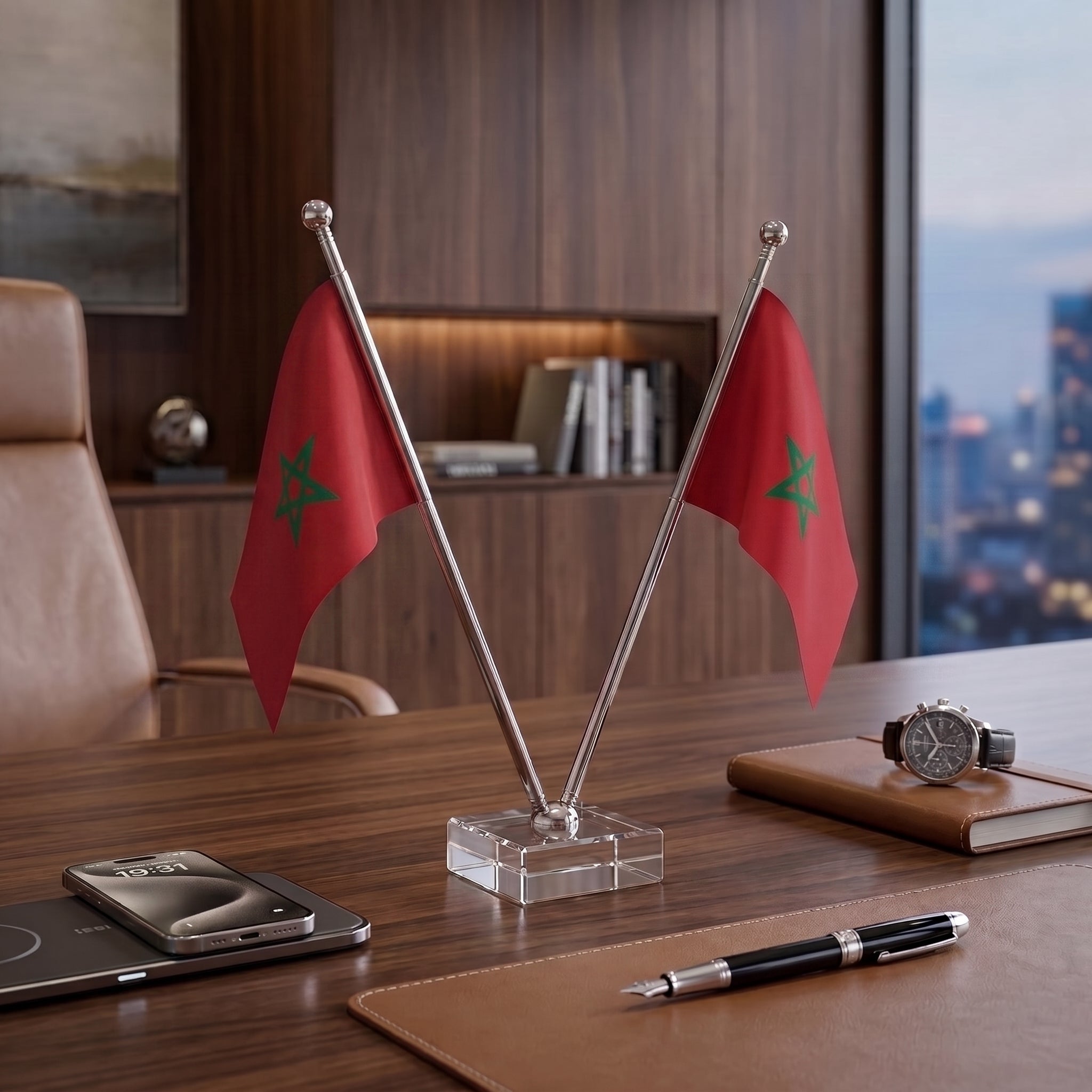 Support double drapeau bureau en Verre et Métal