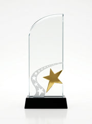 Trophée Verre pour Bureau avec Boite - Design Étoile Dorée et Socle Noir