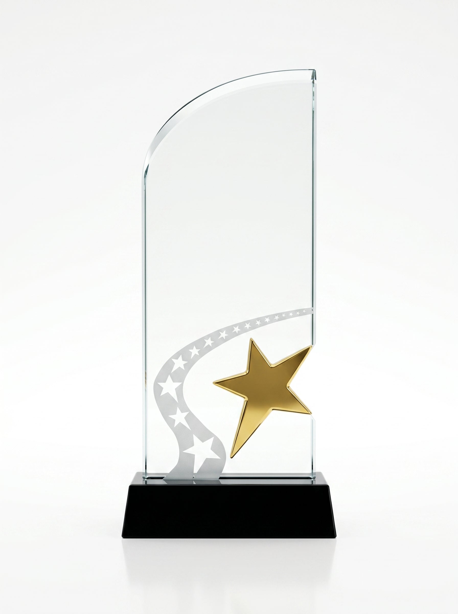 Trophée en verre personnalisé avec étoile dorée en 3D et sillage d'étoiles dépolies