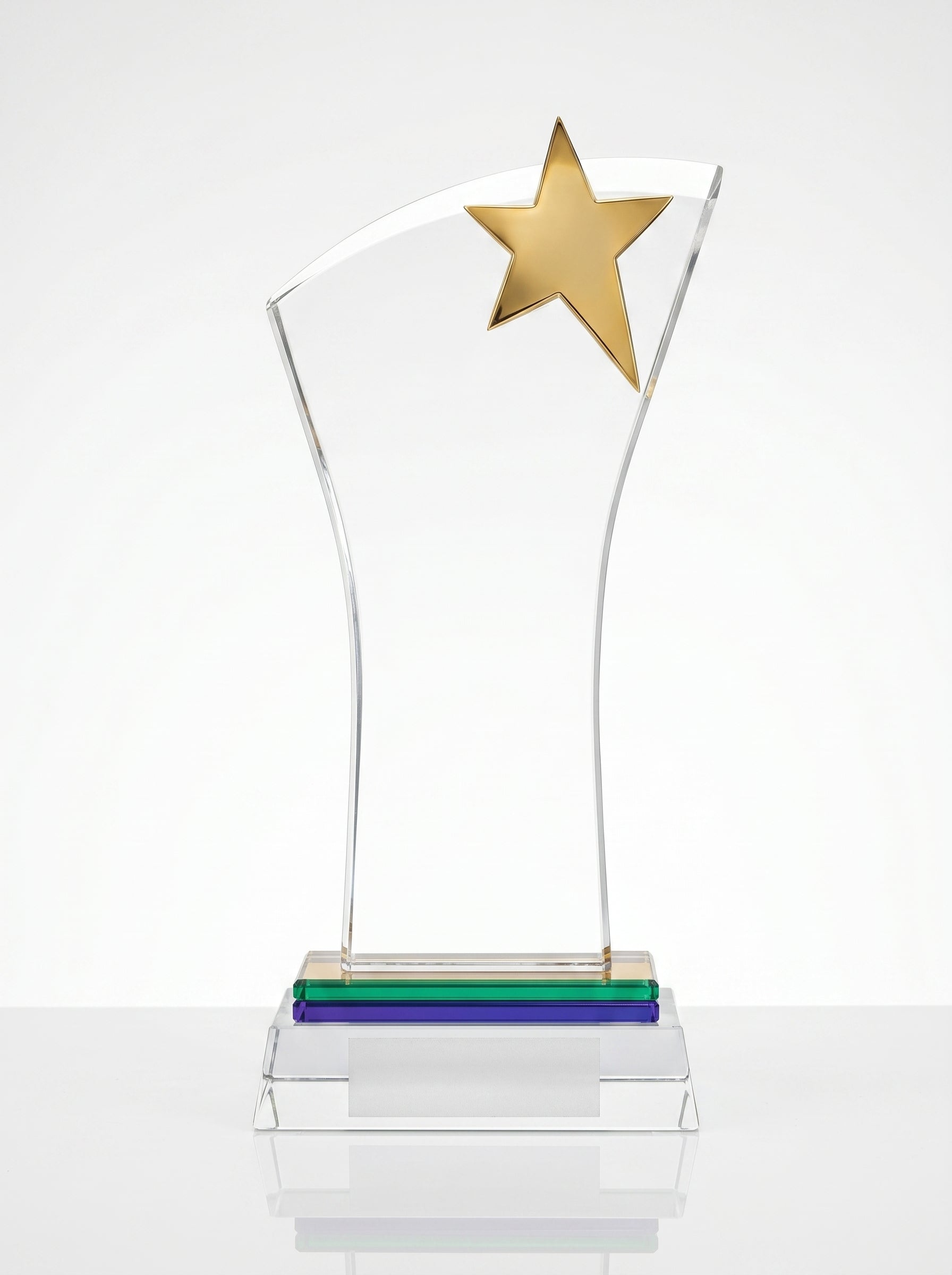 Trophée en verre personnalisé courbé avec étoile dorée sur base multicouche Image principale du produit