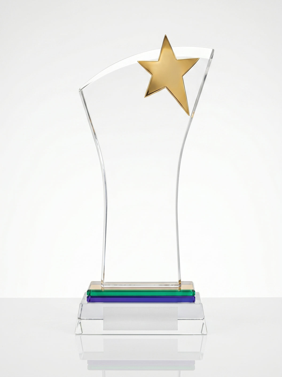 Trophée en verre personnalisé courbé avec étoile dorée sur base multicouche