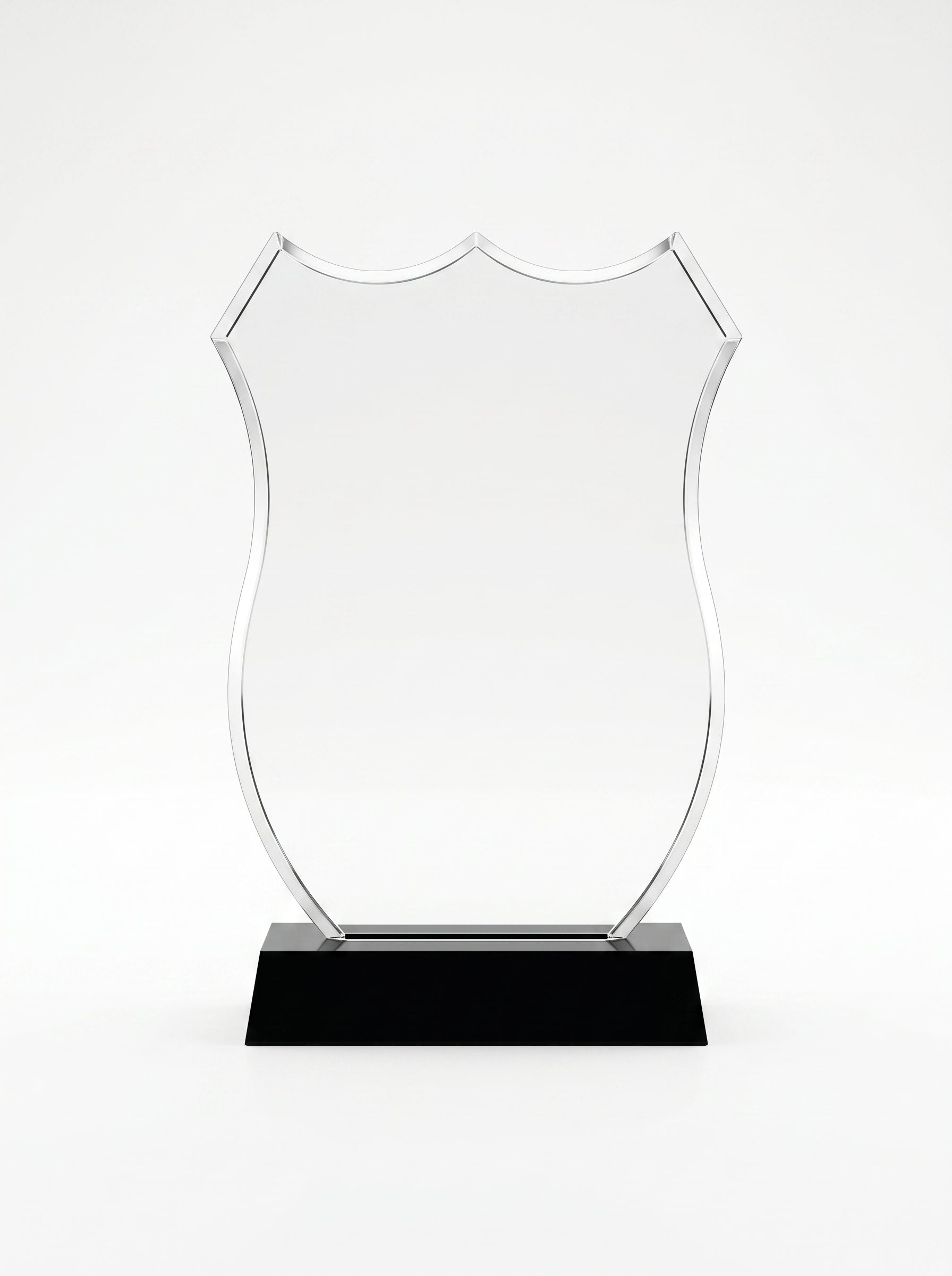 Trophée en verre personnalisé en forme de blason transparent sur socle noir massif Image principale du produit