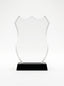 Trophée en verre personnalisé en forme de blason transparent sur socle noir massif
