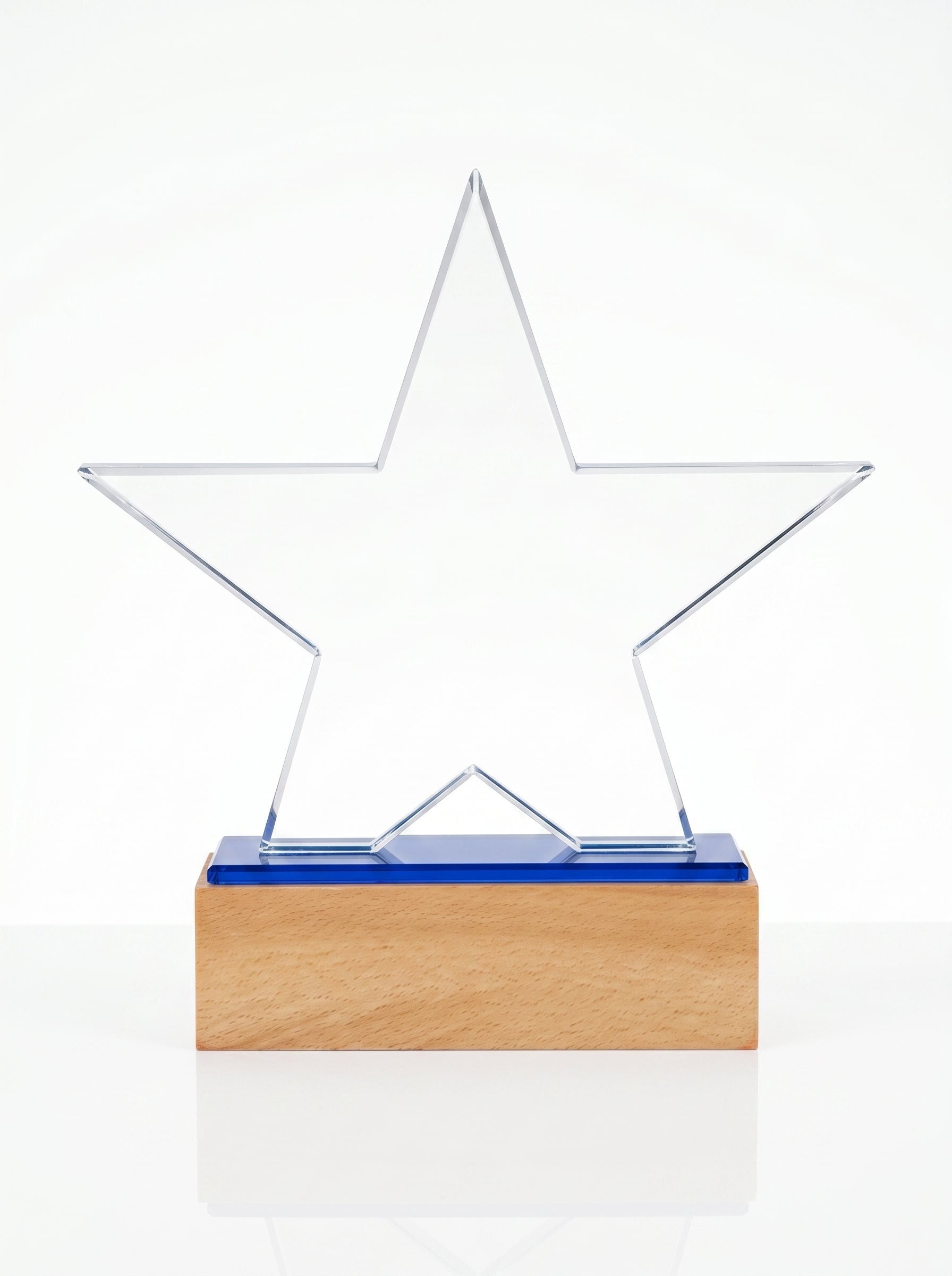 Trophée en bois bureau avec étoile en verre transparente et liseré bleu