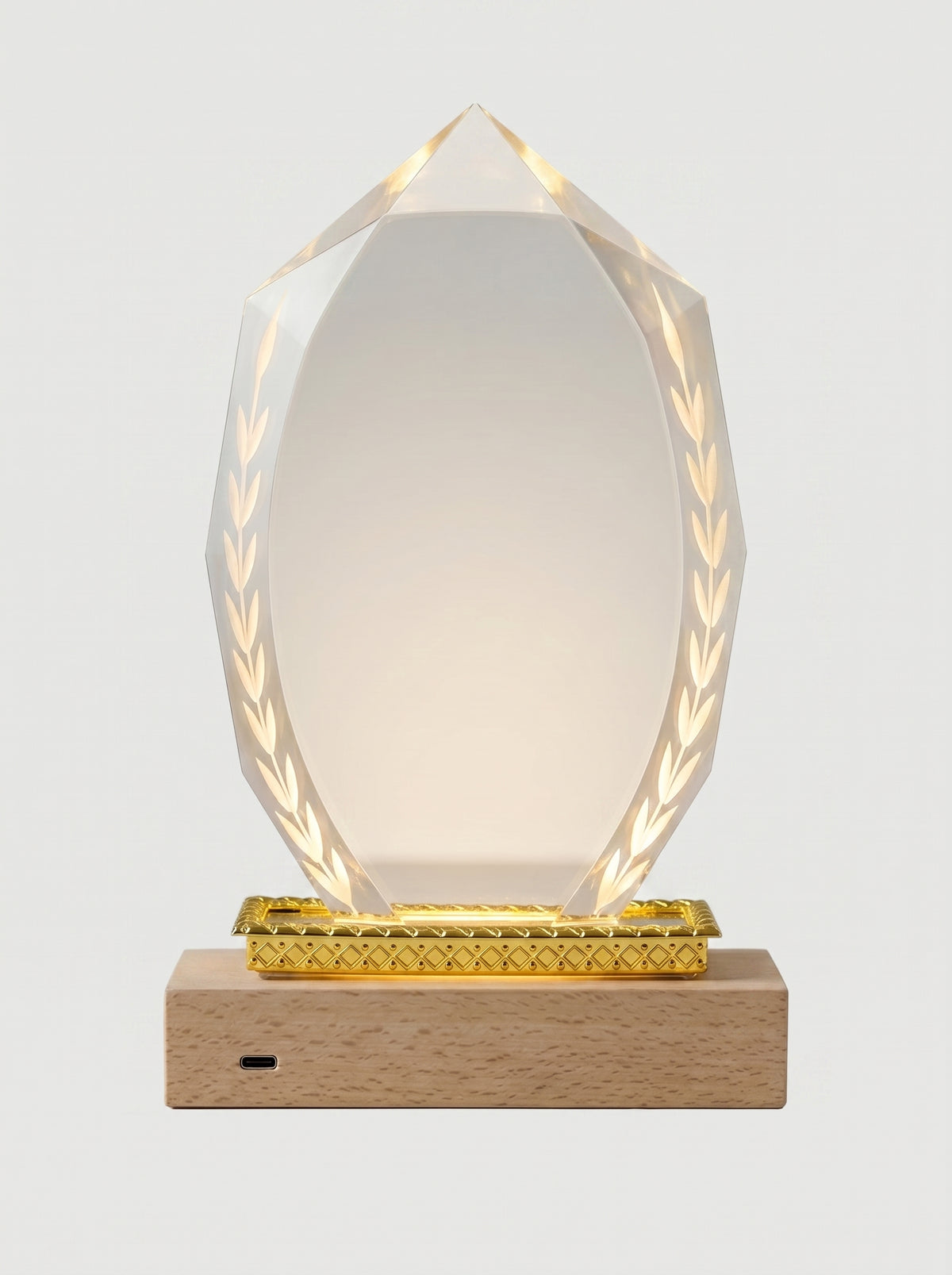 Trophée en verre lumineux LED avec socle en bois clair, port USB-C et couronne de lauriers gravée pour récompense entreprise personnalisée.