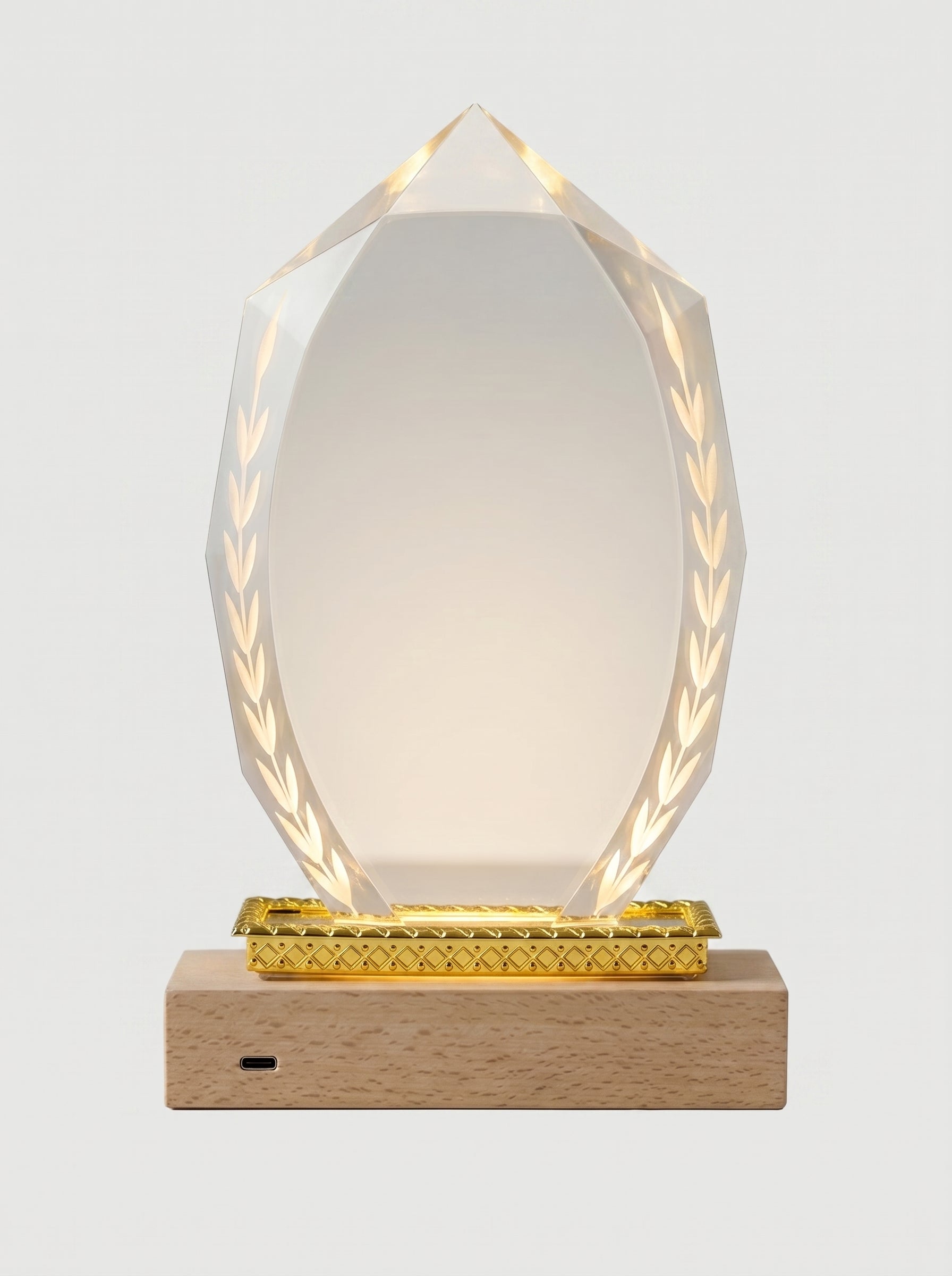 Trophée en verre lumineux LED avec socle en bois clair, port USB-C et couronne de lauriers gravée pour récompense entreprise personnalisée.